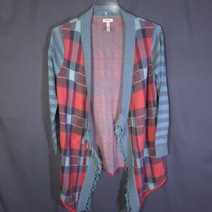 Matilda Jane Steadfast Sweater Cardigan Size Small Open Front‎ Plaid Fringe